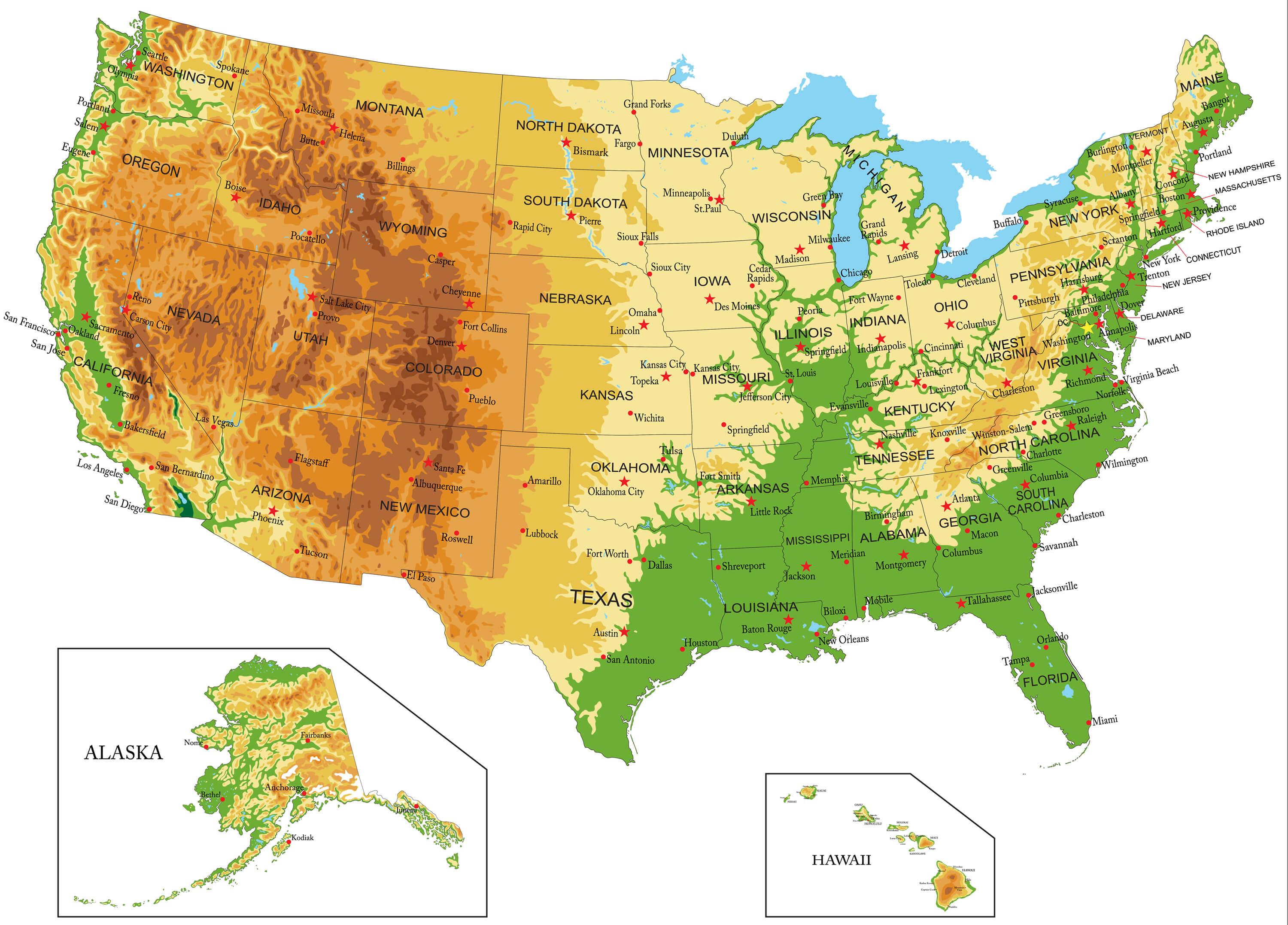 US Physical Map with Mountainous Regions